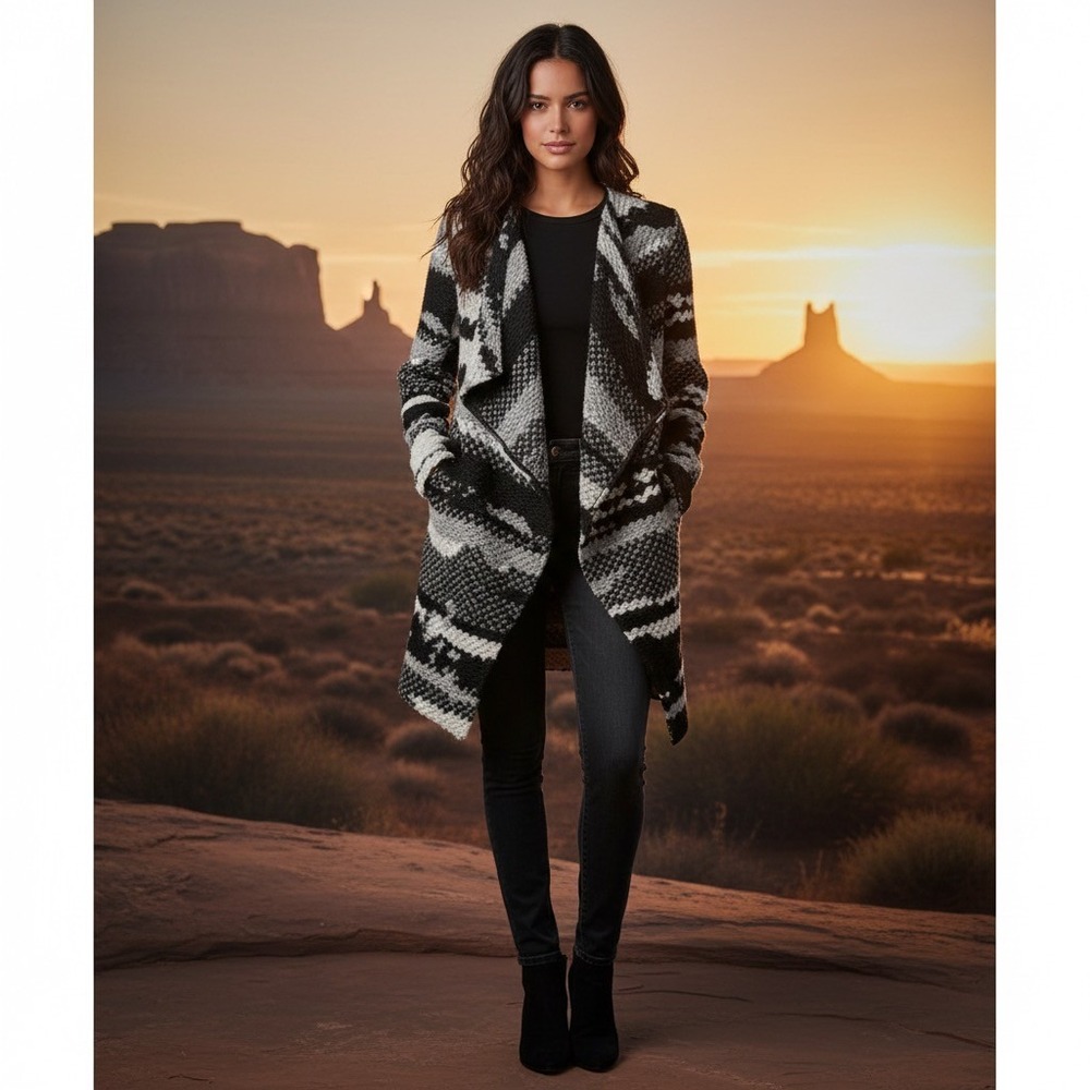 GUEST EDITOR Open Front‎ Wool Jacket Black Gray Aztec Southwestern Western Small